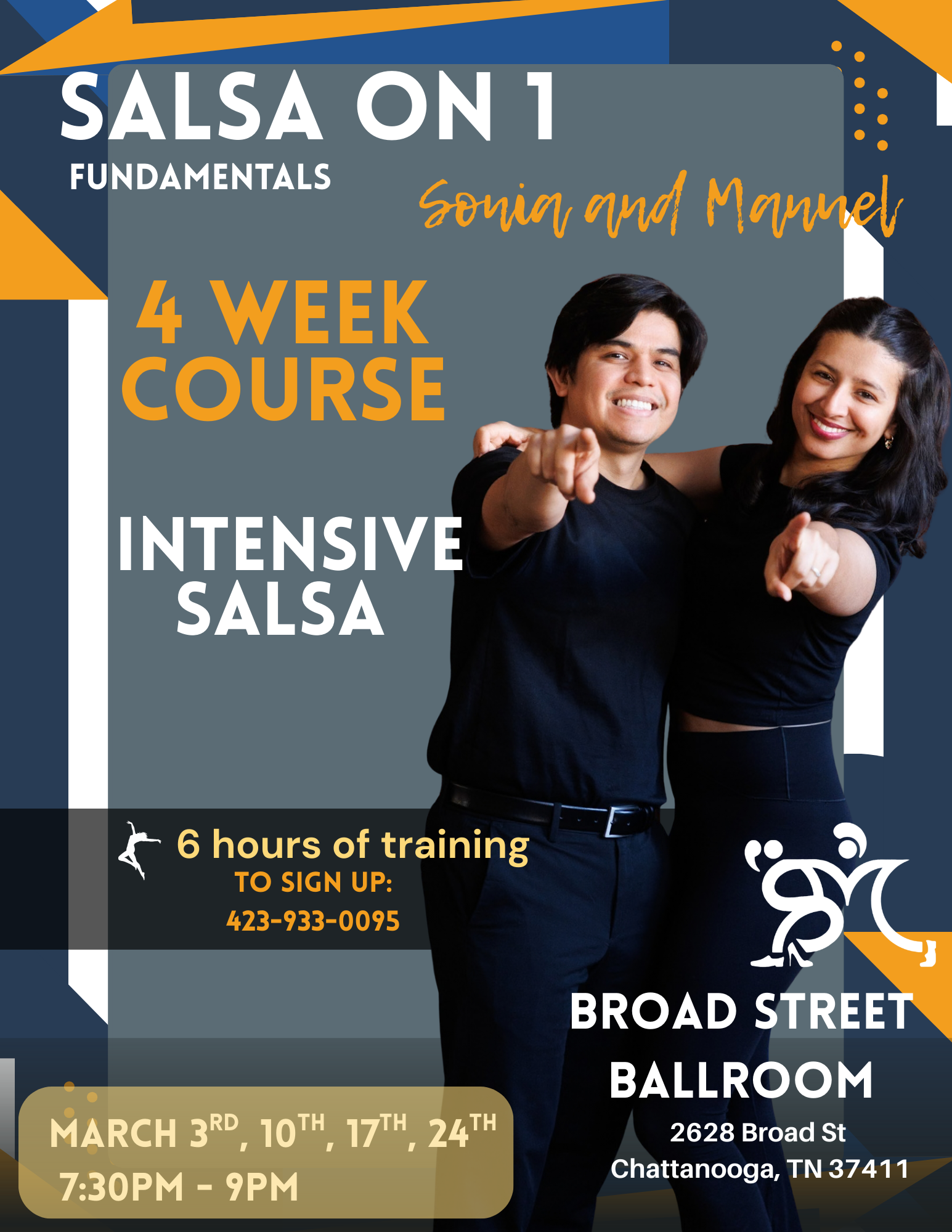 Beginner salsa fundamentals class series in Chattanooga Tennessee at Broad Street Ballroom